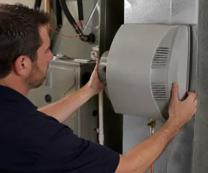 Technician demonstrating how to install humidifier for whole house on an HVAC furnace system.