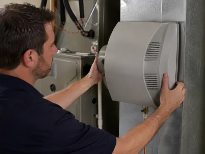 Technician demonstrating how to install humidifier for whole house on an HVAC furnace system.