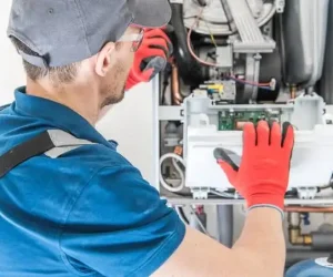 HVAC technician performing maintenance to demonstrate how to reset furnace safely