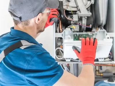 HVAC technician performing maintenance to demonstrate how to reset furnace safely