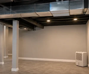 Exposed ductwork and portable dehumidifier showing how to ventilate a basement without windows.