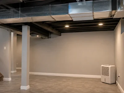 Exposed ductwork and portable dehumidifier showing how to ventilate a basement without windows.