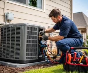 HVAC technician working on an outdoor unit to install central air conditioning system.