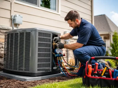 HVAC technician working on an outdoor unit to install central air conditioning system.