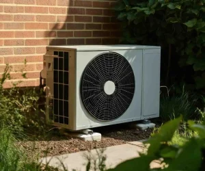 An outdoor residential air-source heat pump unit installed next to a brick wall, which you should