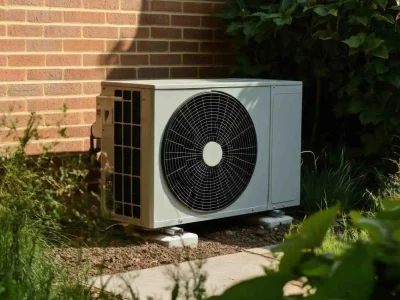 An outdoor residential air-source heat pump unit installed next to a brick wall, which you should inspect if you notice signs heat pump is failing.