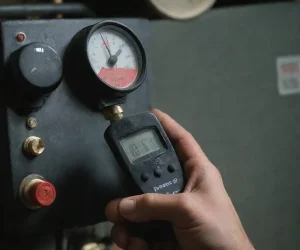 Thermostat calibration technician checking HVAC system pressure and settings for accurate