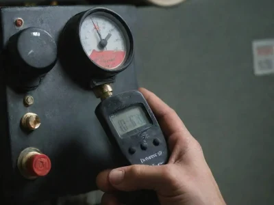 Thermostat calibration technician checking HVAC system pressure and settings for accurate thermostat calibration performance