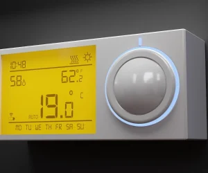Modern digital home thermostat display illustrating what does aux mean on a thermostat during