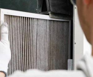 A technician wearing white gloves slides a dusty pleated air filter into a home HVAC system