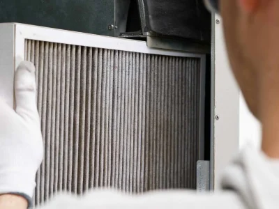 A technician wearing white gloves slides a dusty pleated air filter into a home HVAC system, illustrating what does merv mean on furnace filters.