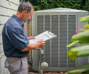 HVAC technician reviewing a checklist next to an outdoor air conditioning unit to explain what does