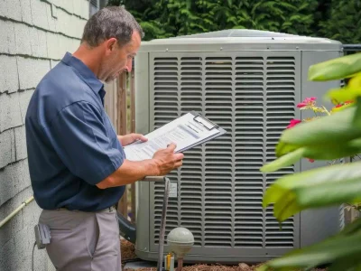 HVAC technician reviewing a checklist next to an outdoor air conditioning unit to explain what does