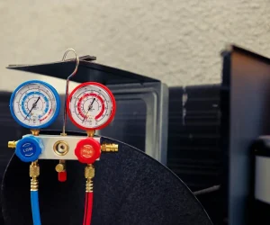 A close-up of blue and red refrigerant manifold gauges hooked up to an outdoor air conditioning