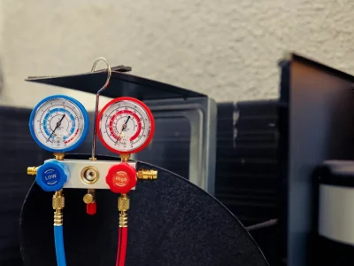 A close-up of blue and red refrigerant manifold gauges hooked up to an outdoor air conditioning unit, illustrating how technicians measure performance to explain what does SEER mean in HVAC systems.