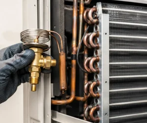 A technician holding a brass expansion valve next to an evaporator coil to demonstrate what is a TXV in HVAC systems.