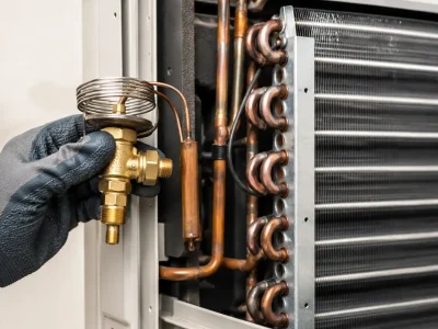 A technician holding a brass expansion valve next to an evaporator coil to demonstrate what is a TXV in HVAC systems.