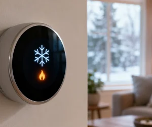A modern smart thermostat mounted on a wall showing snowflake and flame icons to explain emergency