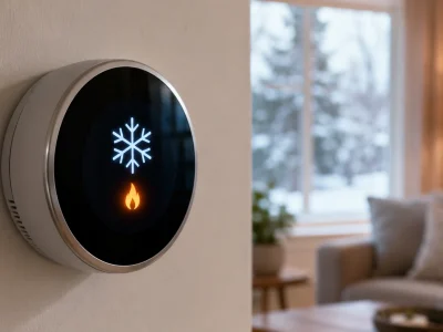 A modern smart thermostat mounted on a wall showing snowflake and flame icons to explain emergency