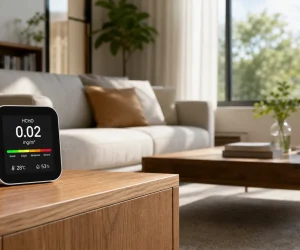 What is HCHO in air quality? A digital monitor on a wooden table shows a safe 0.02 mg/m³ HCHO reading in a bright living room. (130)
