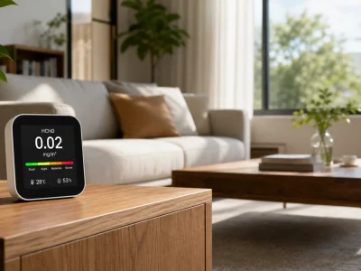What is HCHO in air quality? A digital monitor on a wooden table shows a safe 0.02 mg/m³ HCHO reading in a bright living room. (130)