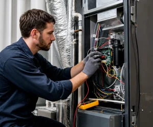 What Is HVAC Preventive Maintenance: technician inspecting electrical components inside a residential HVAC system during routine service and care.