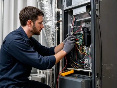 What Is HVAC Preventive Maintenance: technician inspecting electrical components inside a residential HVAC system during routine service and care.
