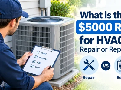 Technician holding a checklist near an outdoor AC unit explaining what is the $5000 rule for HVAC.
