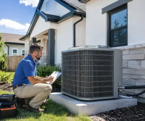 HVAC technician calculating what size air conditioner you need next to an outdoor AC unit.