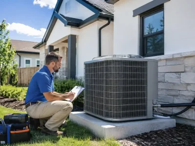 HVAC technician calculating what size air conditioner you need next to an outdoor AC unit.