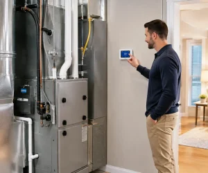Homeowner adjusting a digital thermostat next to a modern residential furnace system to determine what size furnace do I need.