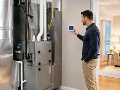 Homeowner adjusting a digital thermostat next to a modern residential furnace system to determine what size furnace do I need.