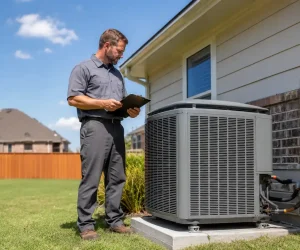 HVAC technician inspecting an outdoor unit to determine what size heat pump do I need.