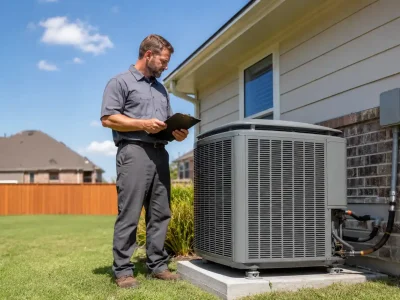 HVAC technician inspecting an outdoor unit to determine what size heat pump do I need.