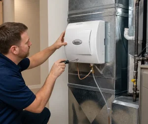 Where do I install whole home humidifier: technician mounting an Aprilaire unit on return ductwork beside a Lennox furnace in a basement utility room.