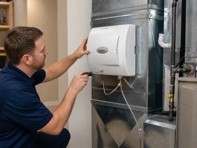 Where do I install whole home humidifier: technician mounting an Aprilaire unit on return ductwork beside a Lennox furnace in a basement utility room.