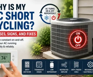 Diagram explaining why is my AC short cycling, showing an outdoor condenser unit, a digital thermostat, and common causes like dirty air filters and low refrigerant.