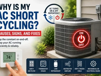 Diagram explaining why is my AC short cycling, showing an outdoor condenser unit, a digital thermostat, and common causes like dirty air filters and low refrigerant.