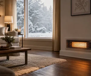 Why is My Furnace not Heating my House? A warm living room glows from a wall furnace, while snow-covered trees are seen outside.