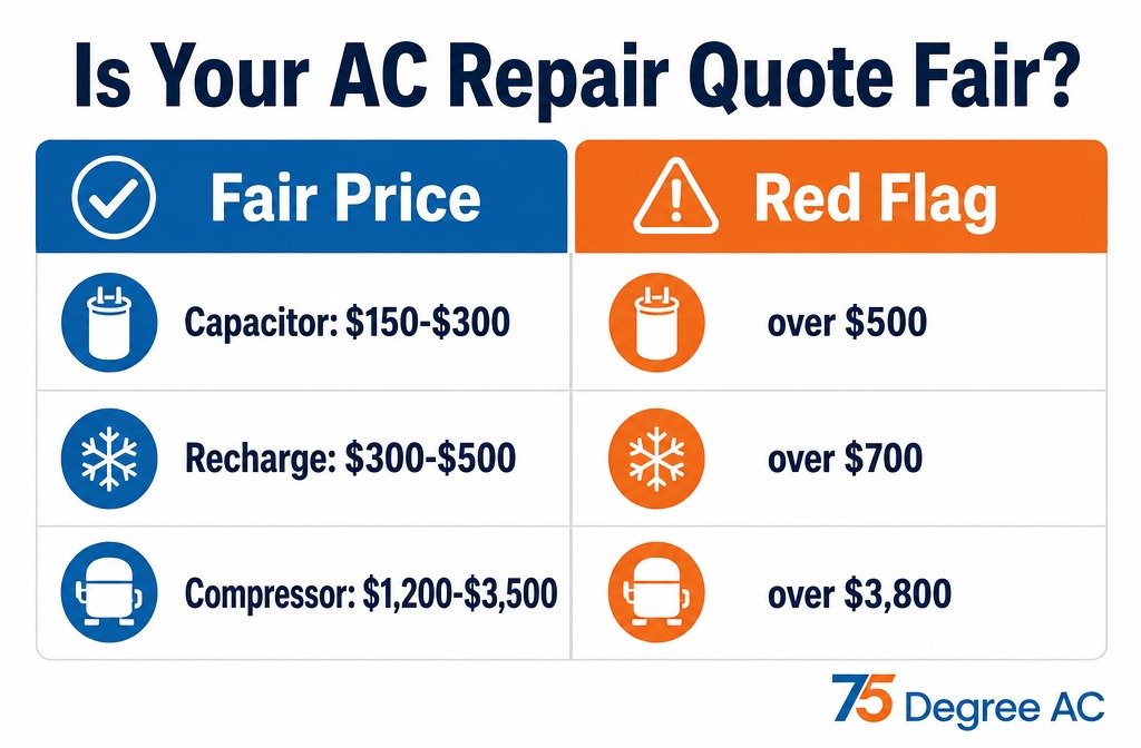 Fair AC repair price ranges versus overcharge red flags in Houston by repair type