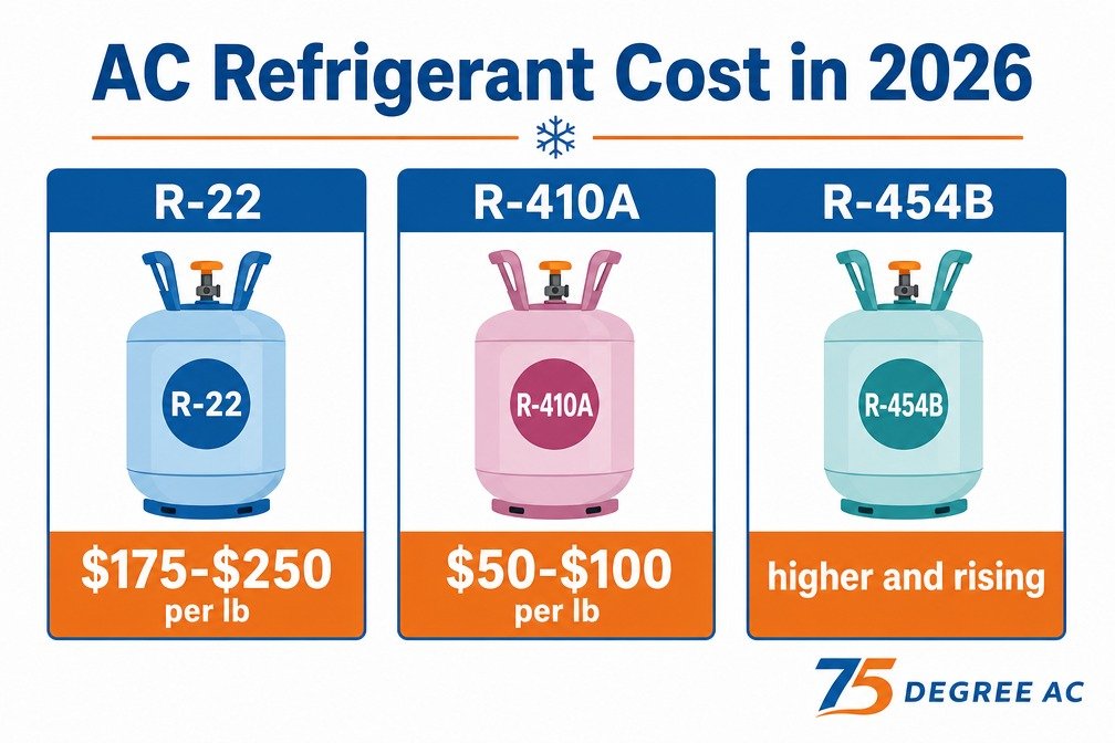 R-22 vs R-410A vs R-454B refrigerant cost per pound in 2026 Houston